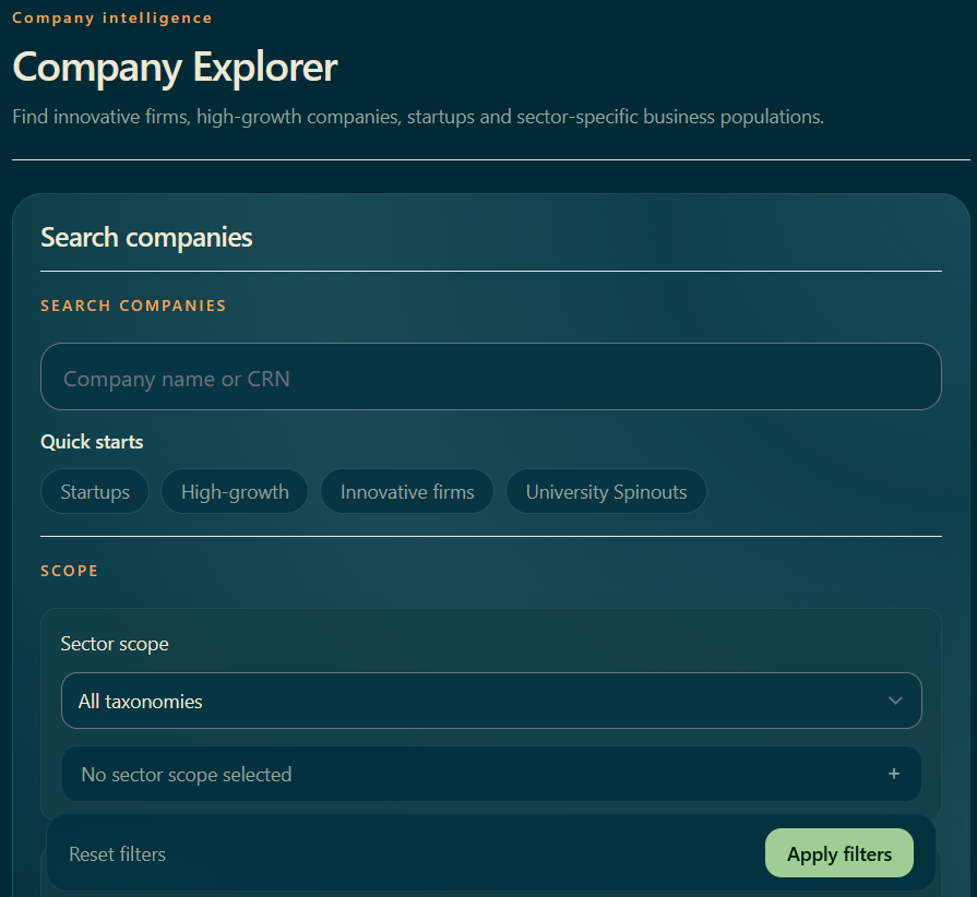 CHART Company Explorer filters for company targeting, sector selection and engagement shortlisting.