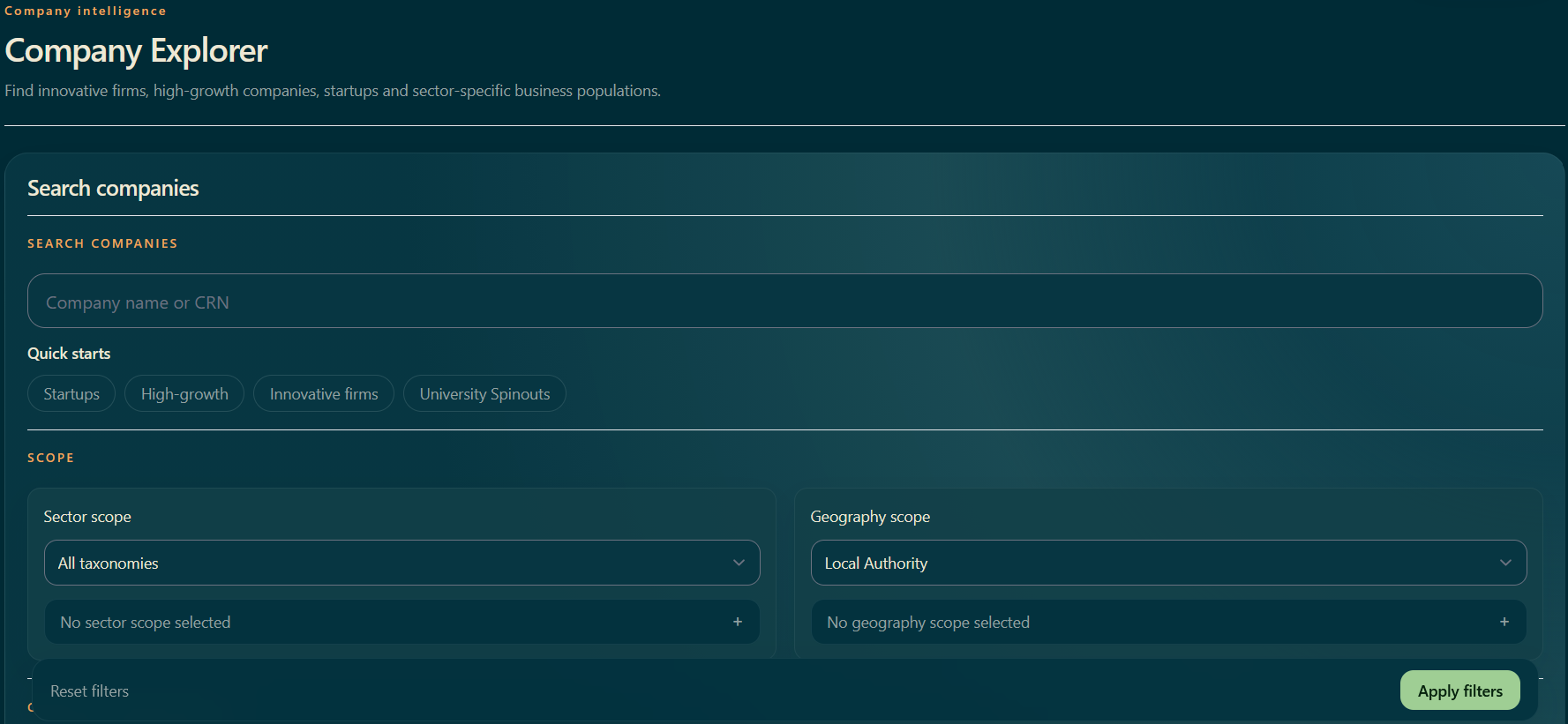 CHART company explorer showing integrated filters across company intelligence, geography and innovation signals.