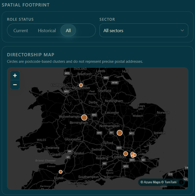 CHART spatial intelligence map showing company network footprint and place-based clusters.